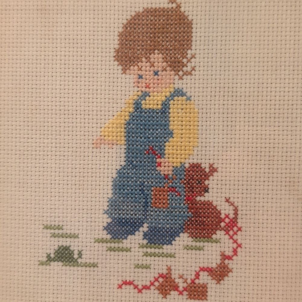 Vintage Framed Cross-Stitch Art Boy and His Puppy, What Are Little Boys Made Of?